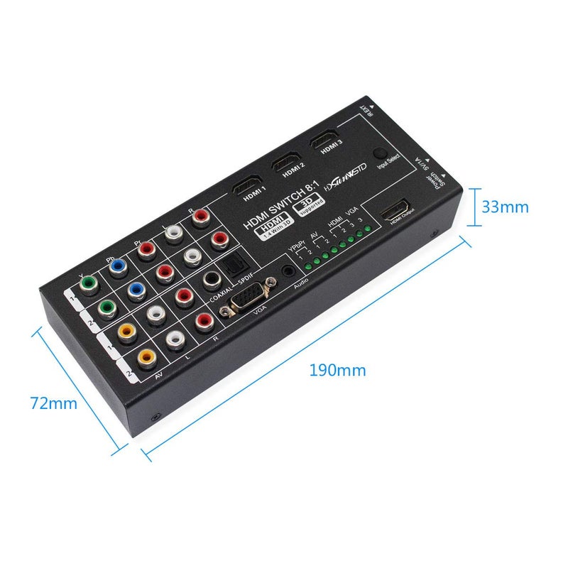 HDSUNWSTD Multi-Functional HDMI Converter with 8 Inputs (VGA + AV + Ypbpr Component + HDMI) to One HDMI Output,COAXIAL Output,SPDIF Output Supports HDMI v1.4 3D - Image 3